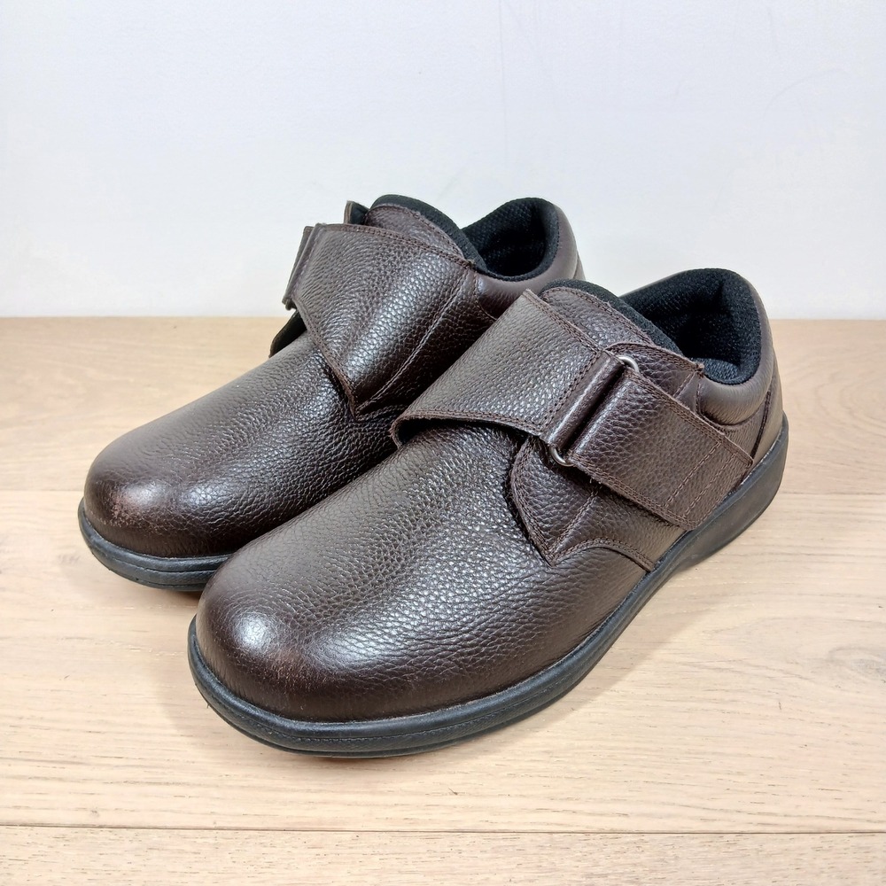 Orthofeet Men's 10.5 XW Brown Leather Hook & Loop Strap Walking Comfort Shoes
